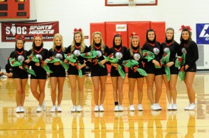 SOPHOMORE NIGHT - Rend Lake College sophomore cheerleaders were recognized as part of Homecoming celebrations on Feb. 20. FROM LEFT are; Olivia Sledge (Mt. Vernon), Kasey Turner (Woodlawn), Sierra Moore (Sesser), Bobbi Massie (Waltonville), Justine Lamke (Scheller), Harlie Eubanks (Waltonville), Kali Echols (Mt. Vernon), Taylor Cochrane (Sesser), Alli Bozarth (Harrisburg) and Brooke Barwick (Herrin).