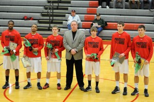 SOPHOMORE NIGHT - Sophomore basketball players were recognized as part of Homecoming celebrations on Feb. 20. FROM LEFT are; Noel Allen (Guttenburg, N.J.), Corey Ayala (Metropolis), Dennis Froemling (Campbell Hill), Coach Randy House, Jesse Smith (Campbell Hill), Bronson Verhines (Woodlawn) and Dawson Verhines (Woodlawn). (Photo by Nathan Wheeler/RLC Sports Information)