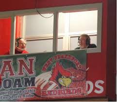 The late long time Redbird broadcaster Bruce Fasol with his long time color man Rick Westemeyer, in Bruce's bird perch. Westemeyer is now the voice of the Redbirds. 