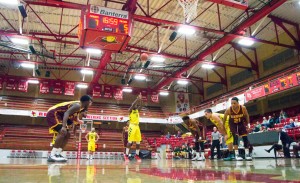 Ashton Worgu at the free throw line in the 95-75 win against Simmons last night. 