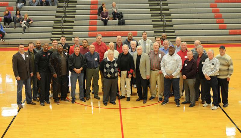 INA, Ill. — Rend Lake College alumni players and coaches gathered on campus Saturday, Dec. 3, for the 4th Annual Warriors Basketball Alumni Weekend. FROM LEFT are; Brian Shaw, Derek Hood, Tommy Holder, George Brown, Trent Simpson, Hardy Crawford, Mark Dannenmueller, Josh Webb, Jack Smith, Damon Lee, Ron Stanart, Matt Hampleman, Mike McClure, Tim Wills, Chuck Doty, John Fisher, Walter Woodard, Wayne Arnold, Mitch Haskins, Jim Bybee, Jim Waugh, Hugh Moore, Marcus Fisher, Gary Burzynski, Steve Lacy, Lanny Shaw, Bill Kirk, Dean Jackson, Terry Taylor, Dan Lovin, Joe Norris, and Garry Hefner. Not Pictured: Dan Wymer, Bob Kelley, and Roger Yates (Photo by Nathan Wheeler / RLC Public Information)