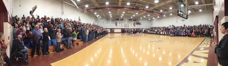 Panoramic view of a full house at Sesser-Valier in a regular season game against Christopher. There were twenty-six games in four days and sixteen teams in Southern Illinois in the field. Four Franklin County Schools tooks the floor in the tournament this week; Chirstopher, Z-R and Thompsonville were other teams there. 