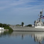 U.S.S. Arizona from the distance of the commemoration ceremony. Thank you for your service . (Photo Honolulu Star-Adviser