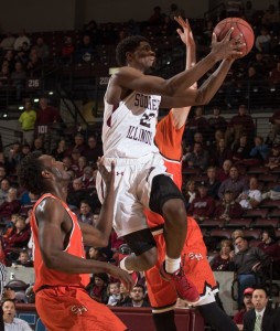 Saluki Armon Fletcher driving the lane for a lay up. (Photo provided by SIU sports information department) 