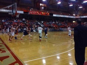 Kyle Hammers (23) slashes through the lane, as Andrew Sturgill gets ready to set a pic, Keegan Thrash (35) has the ball at the top of the key for WF