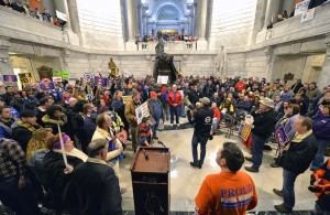 Several labor unions protesting Right to Work laws in Kentucky..