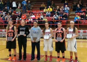 Girls All Tournament team for the Mid Winter Classic from left to right; Hannah Grotauge -Herrin; Hannah Garascia - S-V-W; Jaylin Haley - S-V-W; Cali Wright WF; Makalya Smothers; Herrin and MVP Morgan Griffith- WF