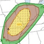 This is the first of three Storm Prediction Center graphics I am sharing.   This one means there is a 10% chance of having a tornado 25 miles in any point of the yellow.  The hatch marks represent the potential of tornadoes being an F-2 or greater.  