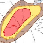 The second of three graphics from the SPC.  There is a 30% chance of seeing a severe wind event (60+ mph) 25 miles from Franklin County tonight.  The same percentage exists for quarter size hail or greater. 