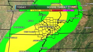 Recently updated severe weather threat map for tonight and tomorrow (KFVS-TV graphic)