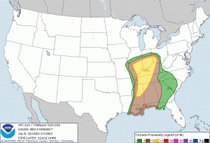 Graphic from the Storm Prediction Center in Norman, OK showing the tornado threat 