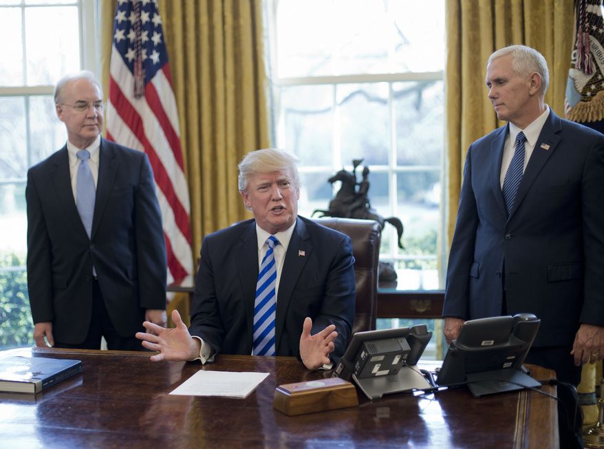 Photo by: Pablo Martinez Monsivais President Donald Trump, flanked by Health and Human Services Secretary Tom Price, left, and Vice President Mike Pence, right, speaks about the health care overhaul bill, Friday, March 24, 2017, in the Oval Office of the White House in Washington. (AP Photo/Pablo Martinez Monsivais)