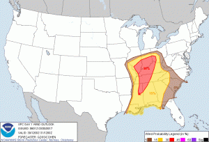 Here is the damaging thunderstorm wind probability map by SPC. The map for large hail is very similar. 