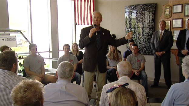 Illinois Governor Bruce Rauner addresses the crowd at Aisan Manufacturing in Marion on Wednesday 