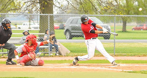 RLC sophomore Jake Vernon (Elkhart, Ind.) launches a double during game one of Tuesday's doubleheader against Lake Land College.  (Reece Rutland/RLC Public Information)