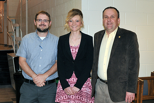 Grace Pytlinski, CENTER, was seated tonight as the 2017-18 Student Trustee during the Board meeting. She is pictured with Board of Trustees Chair Eric Black, LEFT, and President Terry Wilkerson, RIGHT. (ReAnne Palmer / RLC Public Information)