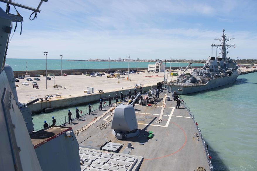 n this photo provided by the U.S. Navy, the Arleigh Burke-class guided-missile destroyer USS Ross (DDG 71) departs Rota, Spain, on March 29, 2017. The United States fired a barrage of cruise missiles into Syria Thursday night in retaliation for this weeks gruesome chemical weapons attack against civilians, the first direct American assault on the Syrian government and Donald Trumps most dramatic military order since becoming president. The Tomahawk missiles were fired from warships USS Porter and USS Ross in the Mediterranean Sea. (Mass Communication Specialist 3rd Class Robert S. Price/U.S. Navy via AP)