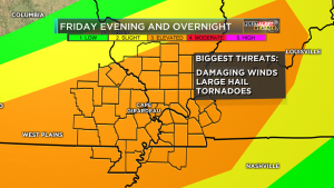 KFVS FIRST ALERT ACTION DAY FOR FRIDAY I'm getting more concerned with our severe weather threat Friday evening into the overnight hours. Large hail, damaging winds and tornadoes are all possible. Many of these storms will move in after sunset. Some of you could be sleeping! Please SHARE to keep your friends safe. It's always a good idea to have a couple ways to get warnings. The KFVS Weather App is great way to get those alerts and I also recommend a weather radio!!  (KFVS TV Meteorologist Laura Wibbenmeyer)  