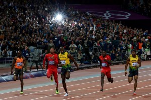 Bailey at the finish line of the 100m at the 2012 Olympics (Photo provided by RLC Public Information