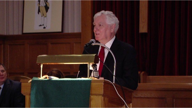 Dr. Glenn Poshard addressing the student body and faculty of Morthland (WSIL-TV photo