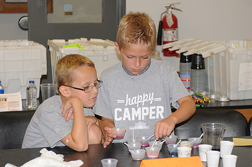 Paxton Melvin, LEFT, and Cole Copple, RIGHT, both of Benton, mixed ingredients with cabbage juice to test for acidity during Garbage Pail Science Camp last year. The experiment was just one of dozens where the students had hands-on learning while having fun. (ReAnne Palmer / RLC Public Information)