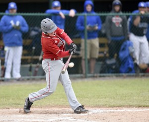 MacMurray College bound Peyton Overturf picks up two hits in yesterdays win against W-S-V. Here he is picking up an RBI double in Monday's win against A-J. (Byron Hetzler - Southern Illinoisan photo)