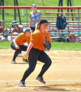 Rend Lake College pitcher Hannah Poynter (Louisville, Ky.) and first baseman Hannah Carbonaro (Mt. Vernon) in action.   (Reece Rutland, Rend Lake College Public Information)